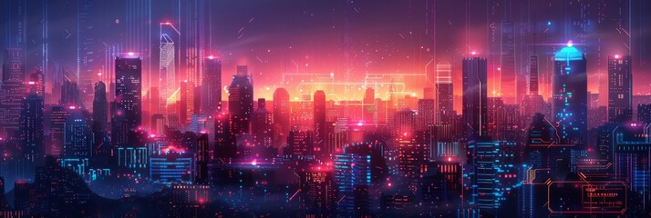 Futuristic Smart Cyber City: Innovative Urban Landscape in Digital Circuitry, futuristic technology concept,  graphic banner design