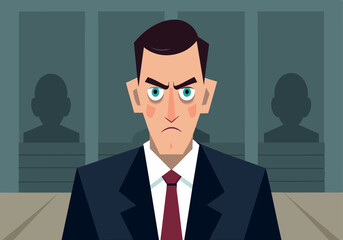 A cartoonish man with a blue tie and a blue suit is sitting in a courtroom