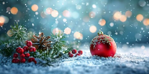 Naklejka premium Red Christmas Ball on Snowy Fir Branches