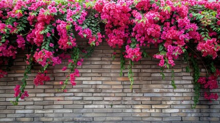 climbing plants blooming near a brick wall, their lush green leaves and vibrant pink flowers adding a touch of life and color to the grey stone backdrop of the garden landscape.