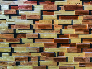 Wooden Blocks Wall,  Wood texture of cut tree trunk for background. Rustic plank panel, Wall background. Mosaic wood texture wall panel as background. Texture of decorative panel. Wall or floor boards