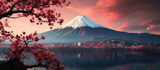 view of mount fuji with fog and maple trees from the lake