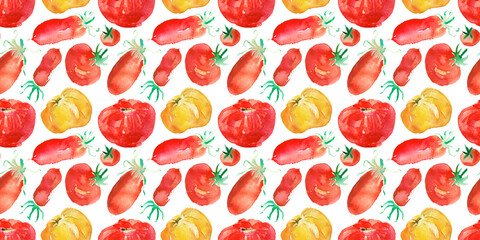 Watercolor illustrations of ripe tomatoes. Watercolour seamless pattern with red and yellow tomatoes on white backdrop. Tomato background for paste packaging design, juice label, banner vegan food.