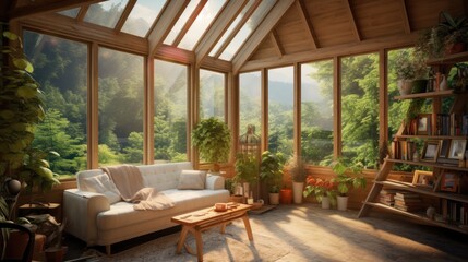Fototapeta premium Green and environmentally friendly housing concept. Miniature wooden house in spring grass, moss and ferns on a sunny day. Eco house. AI generated image