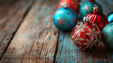 Obraz premium Holiday ornaments on a wooden backdrop Festive season theme Room for writing