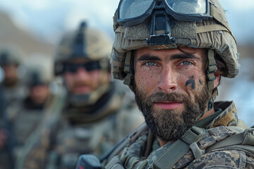 Naklejka premium A uniformed soldier with modern military gear; face is blurred out for anonymity