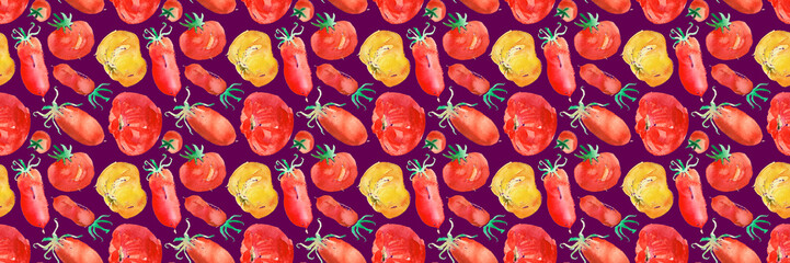 Tomato background for paste packaging design, juice label, banner vegan food. Watercolor illustrations of ripe tomatoes. Watercolour seamless pattern with red and yellow tomatoes on dark backdrop.