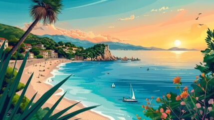 Naklejka premium Flat illustration. a sun-drenched beach, a vast sea, and a breathtaking sunset, all rendered in a flat design style