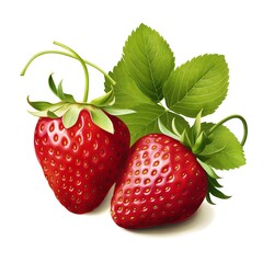 Two luscious red strawberries with green leaves, isolated on a white background. The perfect image for a healthy snack or a delicious dessert.