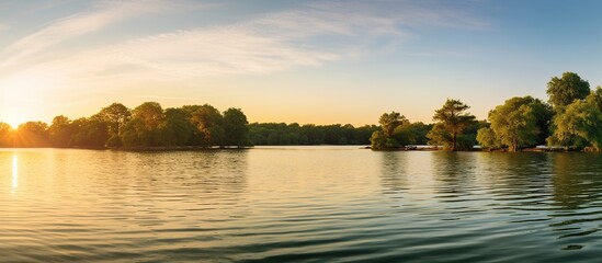 photos of lake views with trees, beautiful sunset views