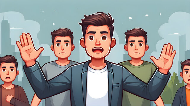 Fearful man raised his hands in protest, cartoon modern illustration, flat icon, Generative AI