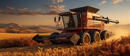 Tractor machine harvesting wheat in rural farming industry