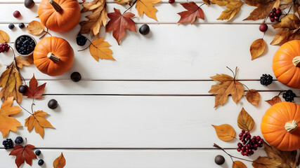Festive autumn decor from pumpkins, berries and leaves on a white wooden background. Thanksgiving or Halloween Concept. Flat lay autumn composition with copy space. Generative AI