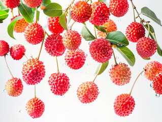 photography of LYCHEE falling from the sky, hyperpop colour scheme. glossy, white background Whole lychee and opened lychee fruit falling on a white background.