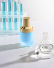 Modern skincare product bottle amidst scientific ambiance