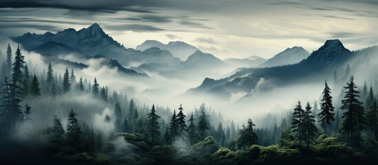 Misty mountain landscape with Mist forest in morning sunrise light
