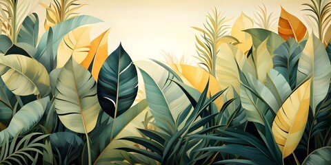 Art Deco wallpaper with abstract tropical foliage design in retro aesthetic. Concept Retro Art Deco, Tropical Foliage, Abstract Design, Wallpaper, Aesthetic