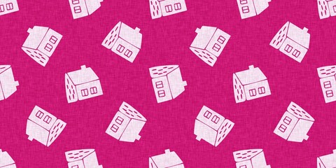 Modern town house summer abstract shape magenta pink color seamless border pattern with cloth fabric linen effect. Vibrant fresh childish design for drawn city textile ribbon trim or washi tape