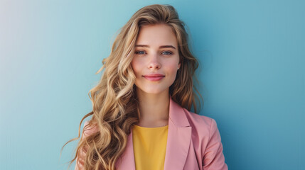 Fototapeta premium Stylish Woman with Long Blonde Hair in Fashionable Outfit
