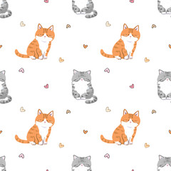 Seamless Pattern of Cartoon Cat Character and Heart Design on White Background