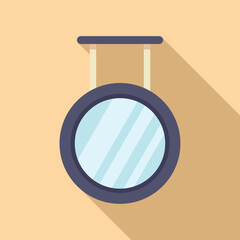 Flat design vector illustration of a round mirror with a wooden frame on a beige wall