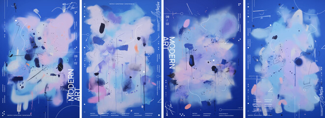 A series of four posters has different shapes and textures in shades of light pink to dark navy blue, with some scattered elements, creating an overall effect reminiscent of abstract glitch art