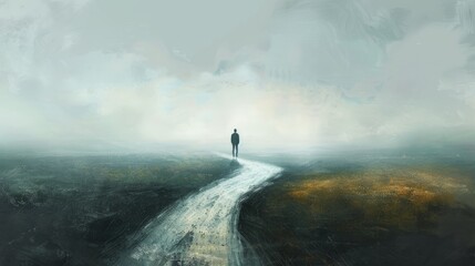 Obraz premium Crossroads of Uncertainty - A Thoughtful Individual at a Path Fork in an Open Field under Overcast Skies
