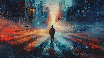 Fototapeta premium Twilight Crossroads - Uncertainty and Decision Making in Cityscape Painting