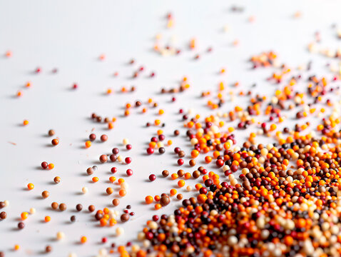 photography of MILLET falling from the sky, hyperpop colour scheme. glossy, white background Yellow millet background. The view from top
