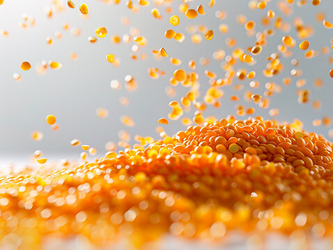 photography of MILLET falling from the sky, hyperpop colour scheme. glossy, white background Yellow millet background. The view from top