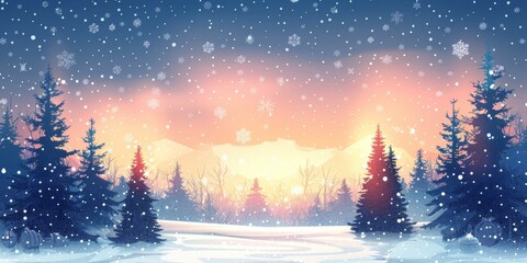 Fototapeta premium Winter Forest Landscape with Snow Falling and Sunset