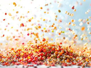 photography of MILLET falling from the sky, hyperpop colour scheme. glossy, white background Yellow millet background. The view from top