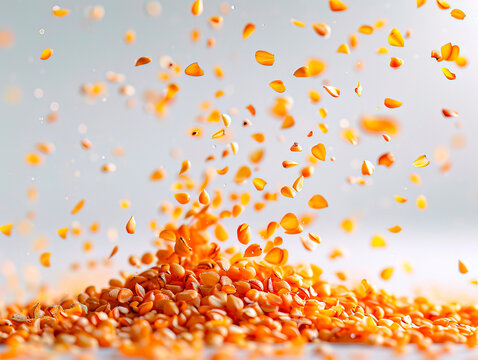 photography of MILLET falling from the sky, hyperpop colour scheme. glossy, white background Yellow millet background. The view from top