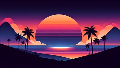 Naklejka premium Retro summer scene with a vibrant sunset.