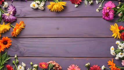 Garden flowers on colored wooden table background. Background with copy space, top view, Generative AI