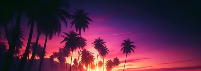 Obraz premium Wallpaper for smmer with a beautiful beach scene during sunset with silhouettes of palm trees.