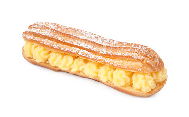 Delicious eclair filled with cream isolated on white