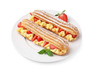 Delicious eclairs filled with cream, strawberries and mint isolated on white