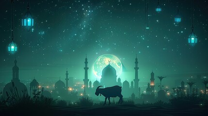 Beautiful green background for Eid ul azha with hanging blue light lanterns and goat silhouette, Islamic Background with Mosque Illustration 