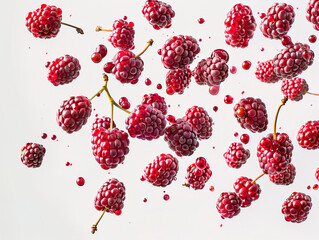 photography of MULBERRIES falling from the sky, hyperpop colour scheme. glossy, white background Blackberry fruit and half sliced isolated on white background.
