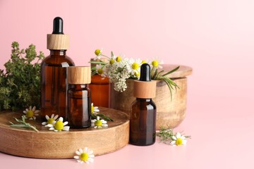 Aromatherapy. Different essential oils and flowers on pink background