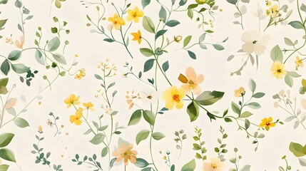 Lush and Vibrant Floral Pattern with Delicate Yellow Flowers and Green Foliage
