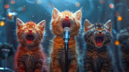 A dynamic and colorful scene featuring three kittens enthusiastically singing into a microphone. The background includes vibrant lights and festive confetti, creating a lively and joyful atmosphere.