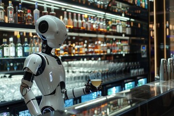 Fototapeta premium A robot serves drinks in a futuristic high-tech bar.