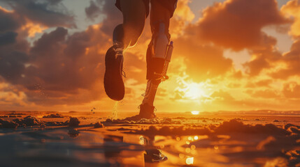 A photorealistic image of a close-up disabled runner with a prosthetic leg running on the beach at sunset, symbolizing strength, resilience, and determination.