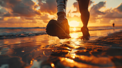 A photorealistic image of a close-up disabled runner with a prosthetic leg running on the beach at sunset, symbolizing strength, resilience, and determination.