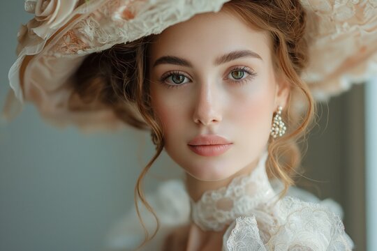 close up face portrait of 18th century girl wearing pretty gown with hat or headcover