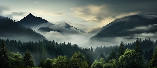 Misty mountain landscape with Mist forest in morning sunrise light