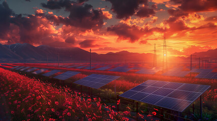 A breathtaking sunset over a vast field of solar panels surrounded by vibrant red flowers, with mountains in the background and power lines stretching across the landscape, symbolizing the harmony. - Powered by Adobe