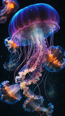 Naklejka premium Translucent jellyfish pulsate in the blue sea or black aquarium.